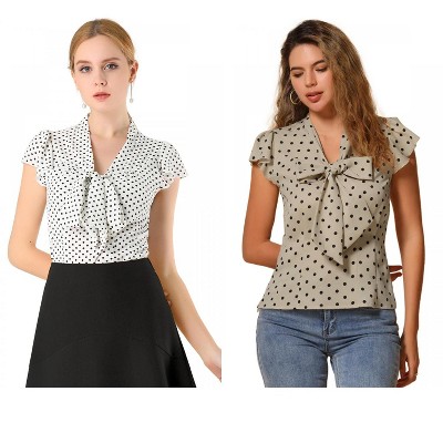 INSPIRE CHIC Women's Polka Dots Tie V Neck Flutter Cap Sleeve Blouse 2 Packs