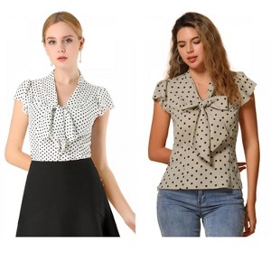 INSPIRE CHIC Women's Polka Dots Tie V Neck Flutter Cap Sleeve Blouse 2 Packs - 1 of 4