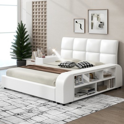 Queen Size Upholstered Platform Bed with Multimedia Nightstand and Storage Shelves-ModernLuxe