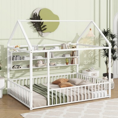 Twin/Full Size Metal Platform Bed House Bed Frame with Fence and Shelves, White/Black/Pink-ModernLuxe