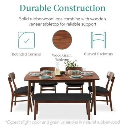 6-Piece Walnut and Charcoal Mid-Century Modern Dining Set with Bench