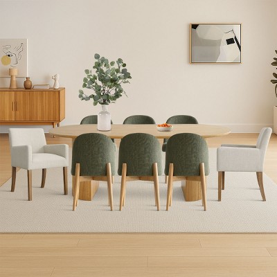 7-piece Dining Room Table Set, Oak Oval Table with 6 Linen Fabric Dining Chair and 2 Captain's Chair with Solid Wood Legs, Dining Room- Maison Boucle