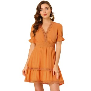 INSPIRE CHIC Women's V Neck Smocked Elastic Waist Short Sleeve Boho Crochet Trim Mini Dress - 1 of 4