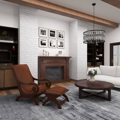 Handcrafted Brown Leather and Teak Wood Accent Chair with Ottoman