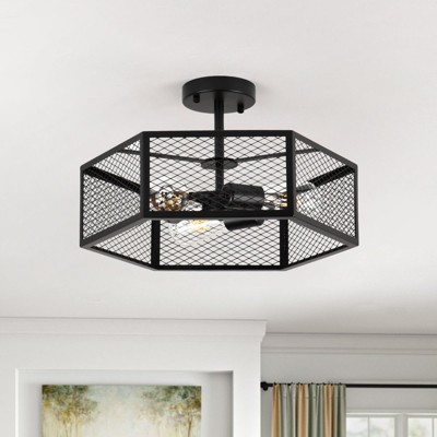 PAKOKULA Industrial 3-Light Black Classic Hexagonal Cage Semi-Flush Mount Ceiling Light