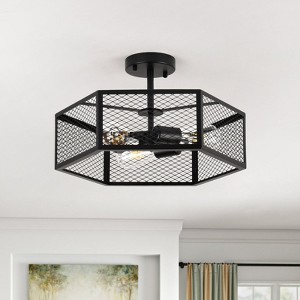 PAKOKULA Industrial 3-Light Black Classic Hexagonal Cage Semi-Flush Mount Ceiling Light - 1 of 4