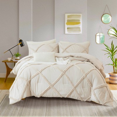 Tufted Comforter Set With Pillowcase – Shabby Chic Farmhouse Bedding with Geometric Embroidery, Soft Lightweight Quilt