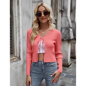 Womens Tie Front Cardigan Long Sleeve Rib Knit Shrug for Dress Sweaters Open Front Crop Tops - 1 of 4