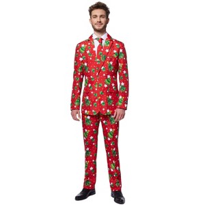 Suitmeister Men's Christmas Suit - Christmas Tree & Stars Outfit Slim Fit - Red  - Size X-Large - 1 of 4
