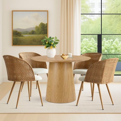5-Piece Round Dining Table Set with Faux Rattan Back Chairs, 42" Pedestal Table and Upholstered Mid-Century Modern Dining Chairs-Maison Boucle