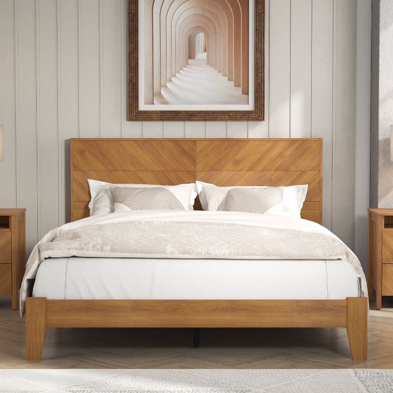 Galano Weiss Wood Frame Platform Bed With Headboard in Amber Walnut, Oslo Oak, Walnut, 1 of 17