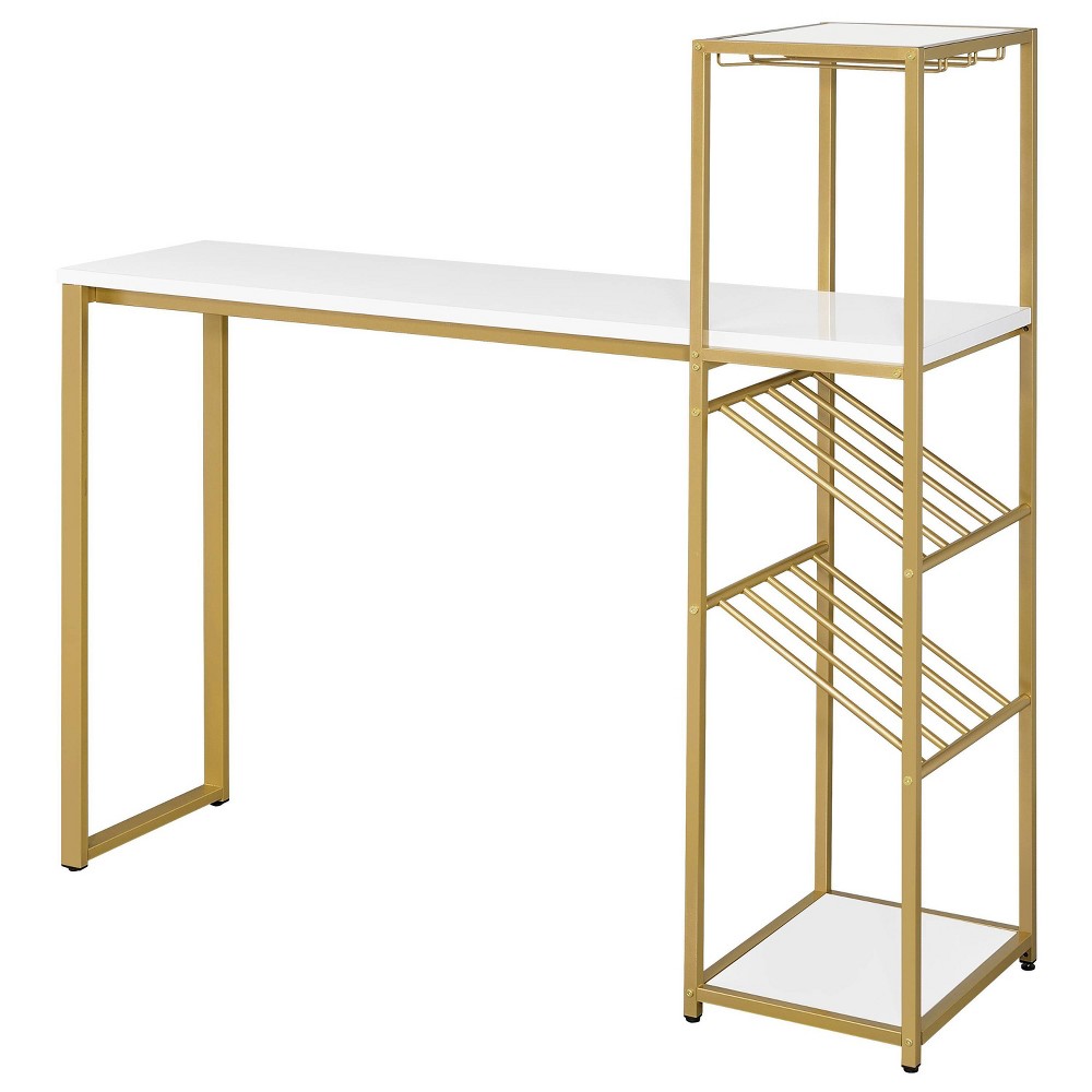 24/7 Shop At Home Bennis Bar Table with Wine Shelves High Gloss White/Gold Coated: Steel Frame, Open Storage