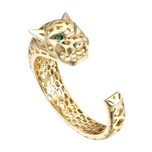 14K Gold-Plated Open Cuff Bangle Bracelet with Emerald Cubic Zirconia Jaguar Detail, featuring an elegant design with a touch of exotic flair. - 1 of 3