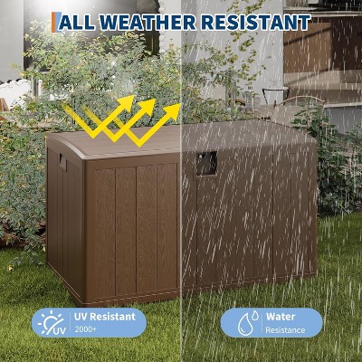 All-weather resistant outdoor storage box with UV and water resistance features highlighted