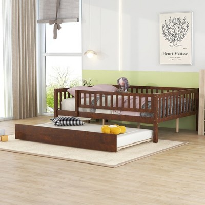NicBex Twin/Full Size Daybed Wood Bed Frame with Trundle and Fence Guardrails for Bedroom,Living Room,Apartment