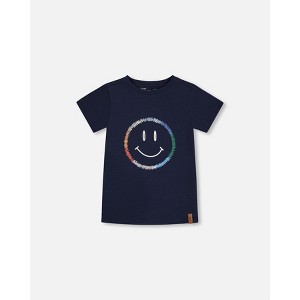 Deux par Deux Boy Organic Cotton Graphic Tee Smiling Navy Blue - 4 Years - 1 of 4
