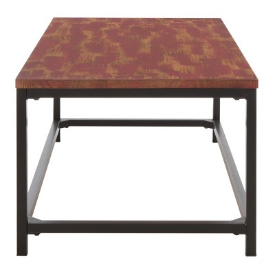 Distressed Maroon Walnut Wood and Metal Rectangular Cocktail Table