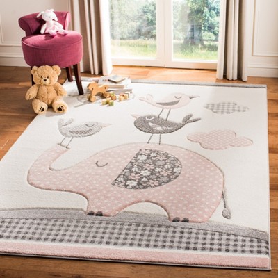 Ivory and Pink Hand-Knotted Synthetic Kids' Square Rug