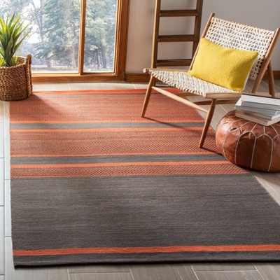 Handwoven Dark Grey and Orange Wool 8' x 10' Kilim Area Rug