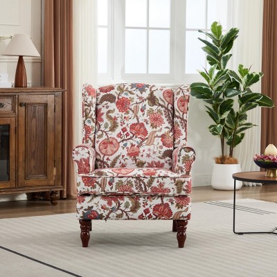 Modern Floral Upholstered Accent Chair with Wingback Design, Retro Wood Legs Armchair for Living Room, Bedroom or Office - Koiai