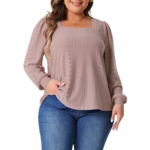 Agnes Orinda Women's Plus Size Square Neck Hollow Eyelet Long Sleeve Dressy Shirts - 1 of 4