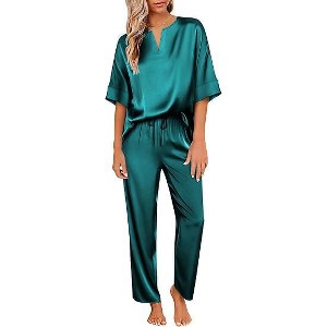 Ekouaer Satin Pajama Set Womens Silk Short Sleeve V Neck Shirt with Long Pant Soft Loungewear Pjs Set - 1 of 4