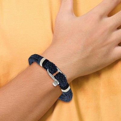 Chisel Stainless Steel Polished Woven Navy Blue Cotton 8.5" Bracelet
