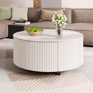29.5" Modern Round Coffee Table with Storage Drawers and Hidden Casters, Sintered Stone Top Center Table for Living Room - Panipeachy - 1 of 4