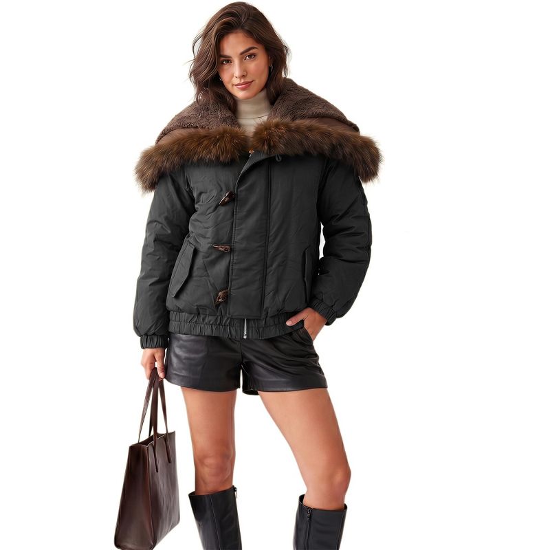INSPIRE CHIC Women's Faux Fur Trim Cropped Adjustable Fleece Lined Hood Toggle Zip Up Puffer Coat Small Black