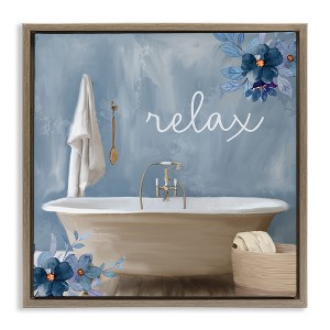 Stupell Industries Blue Floral Relax Bathroom Scene Floating Frame Canvas Art - 1 of 4