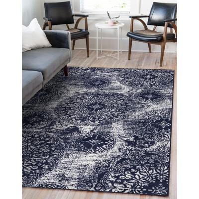 Indigo and Ivory Synthetic Low Pile Bohemian Area Rug