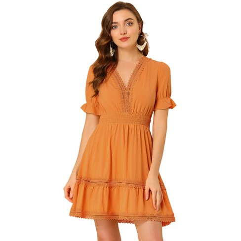 Allegra K Women's V Neck Smocked Elastic Waist Short Sleeve Boho Crochet  Trim Mini Dress Orange X-Small