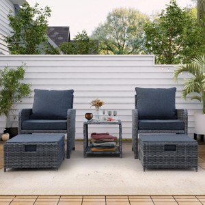 5-Piece Outdoor Seating Set, 2-Seater Conversation Set with Table and Ottoman, Wicker Chair with Iron Frame and Foam Cushions-Coolbibila - 1 of 4
