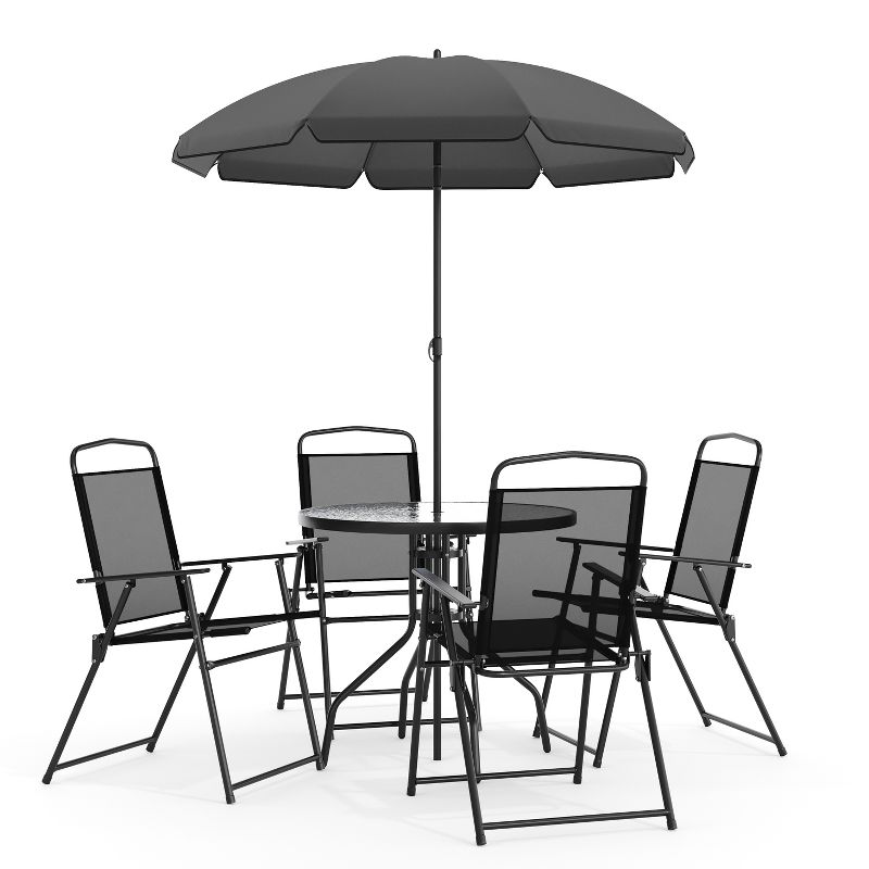 Flash Furniture Nantucket 6 Piece Patio Garden Set with Table, Umbrella and 4 Folding Chairs, 1 of 18