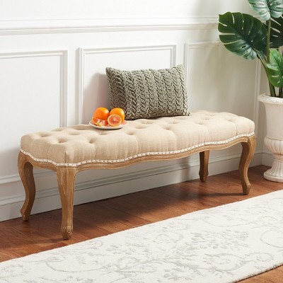 Transitional Beige Linen and Oak Tufted Bench