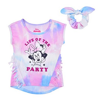 Disney Girl's Minnie Mouse Life Of The Party Glitter Print Tie Dye Fringe Tank Top with Hair Scrunchie for kids