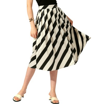 Allegra K Women's Vintage Striped Pleated Midi High Waist A-line Flared Skirts with Pockets
