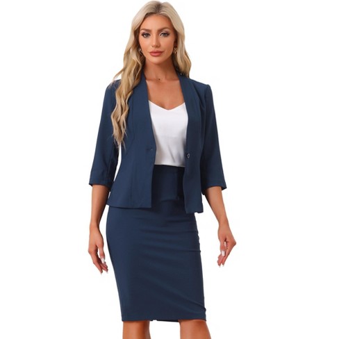 Allegra K Women s Office Work Collarless Blazer Pencil Skirt Business Suit Set 2 Pcs Navy Blue X Small