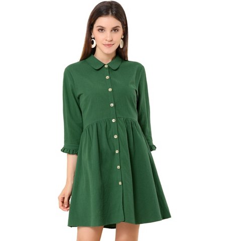 Женские платья INSPIRE CHIC Women's 3/4 Sleeve Button Front Solid Color Flare Mini Shirt Dress Dark Green Large