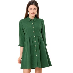 INSPIRE CHIC Women's 3/4 Sleeve Button Front Solid Color Flare Mini Shirt Dress - 1 of 4