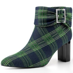 Perphy Women's Plaid Pointy Toe Rhinestone Bow Zipper Chunky Heels Ankle Boots - 1 of 3