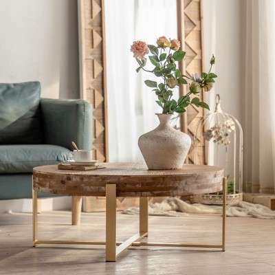 Round Coffee Table With Metal Frame 220lbs Load Capacity Easy Assembly Retro Style Coffee Table Side End Table (31.29 x 31.29 x 13.83in)