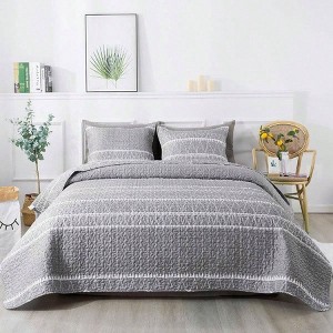 Grey Queen Quilt Set, 3 Pieces, Bohemian Lightweight Microfiber Bedding - 1 of 4