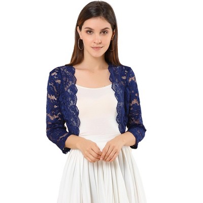 INSPIRE CHIC Women's Elegant 3/4 Sleeve Sheer Floral Lace Open Front Crop Shrug