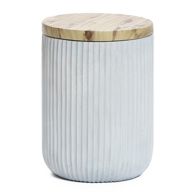 LuxenHome Outdoor Side Table with Storage,18" Gray Cement Patio End Table with Wood Finish Lid,Accent Table for Patio,Porch Indoor