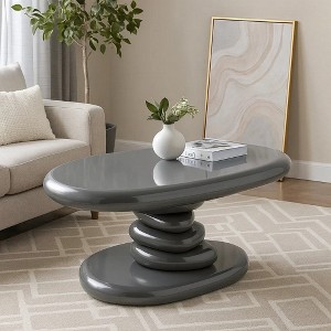 Royal Hampton End Table, 30 Inch Asymmetric Stacked Pebble Base, High Gloss Gray - 1 of 4