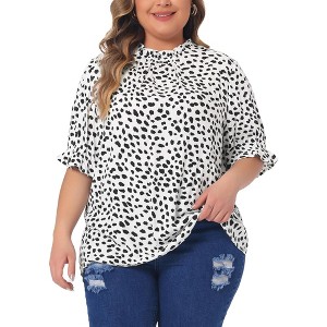 Agnes Orinda Women's Plus Size Polka Dots Printed Ruffle Hem Short Sleeve Mock Neck Blouses - 1 of 4