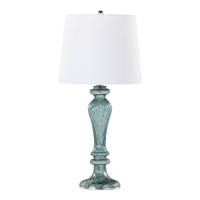 Set of 2 Smokey Turquoise Glass Table Lamps with White Linen Shades