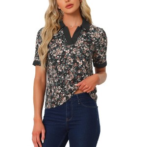 Allegra K Women's Floral Turndown Collar Split Neck Short Sleeve Elegant Vintage Tops - 1 of 4