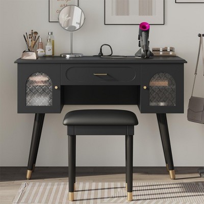 YONWAY Multi-Purpose Vanity Table, Writing Desk with Compartment Storage Drawer, 2 Cabinets and Charging Port for Study, Living Room